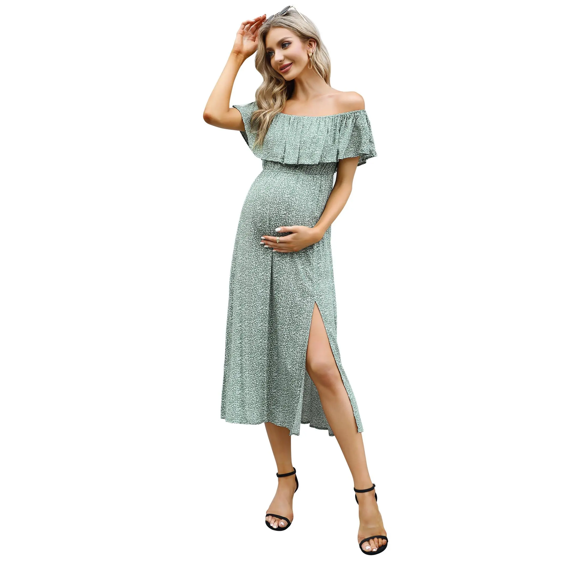 Yesfashion Limited-Time Clearance Women's Maternity Maxi Dress - Off-Shoulder Ruffle Split, 100% Rayon Soft Flowy Loose-Fit Boho Summer Casual Pregnancy-Friendly Wear for Beach Vacation Party