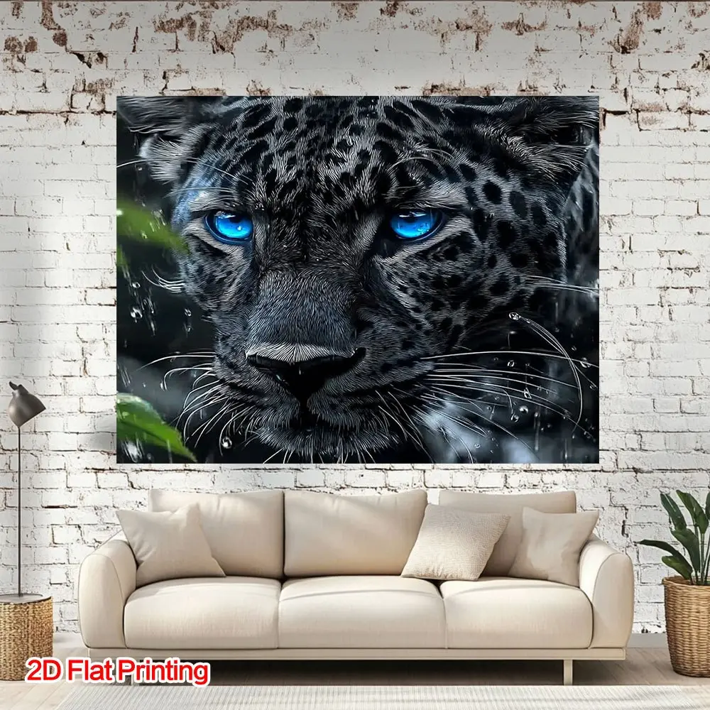 Jaguar Blue-Eyed Wildlife Wall Hanging Tapestry - Bohemian Polyester Fabric Art, Realistic Jungle Portrait Decor, Durable Textile for Indoor-Outdoor Use, Lightweight Gifting Option, Light, Wall Decor