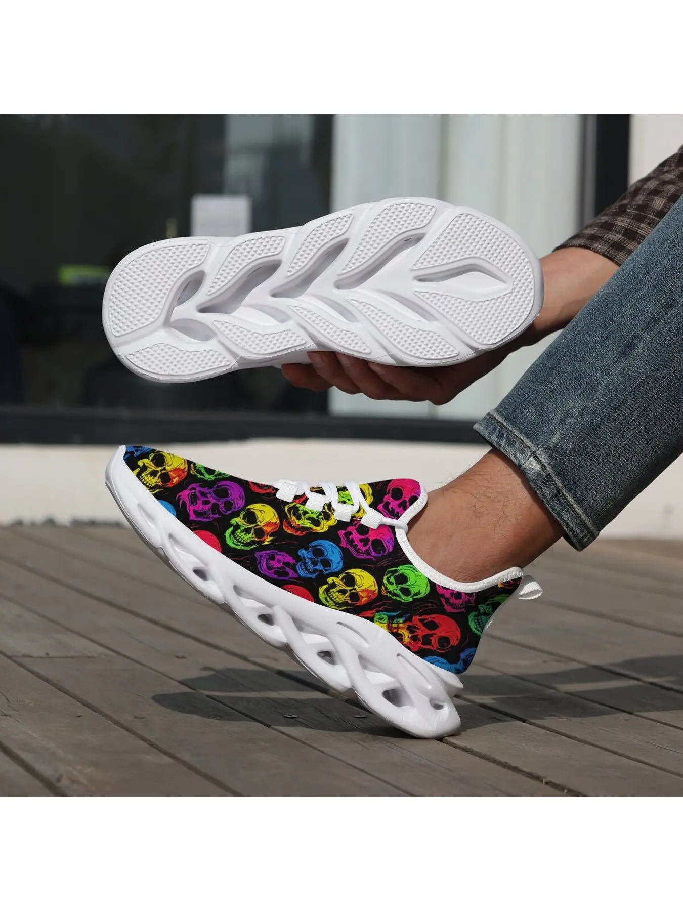 Neon Psychedelic Skull Pattern Running Shoes, Rainbow Colorful Skeleton Print Fashion Running Sneakers, Breathable Mesh Lightweight Non-Slip Casual Athletic Shoes for Men Women Unisex Halloween Party