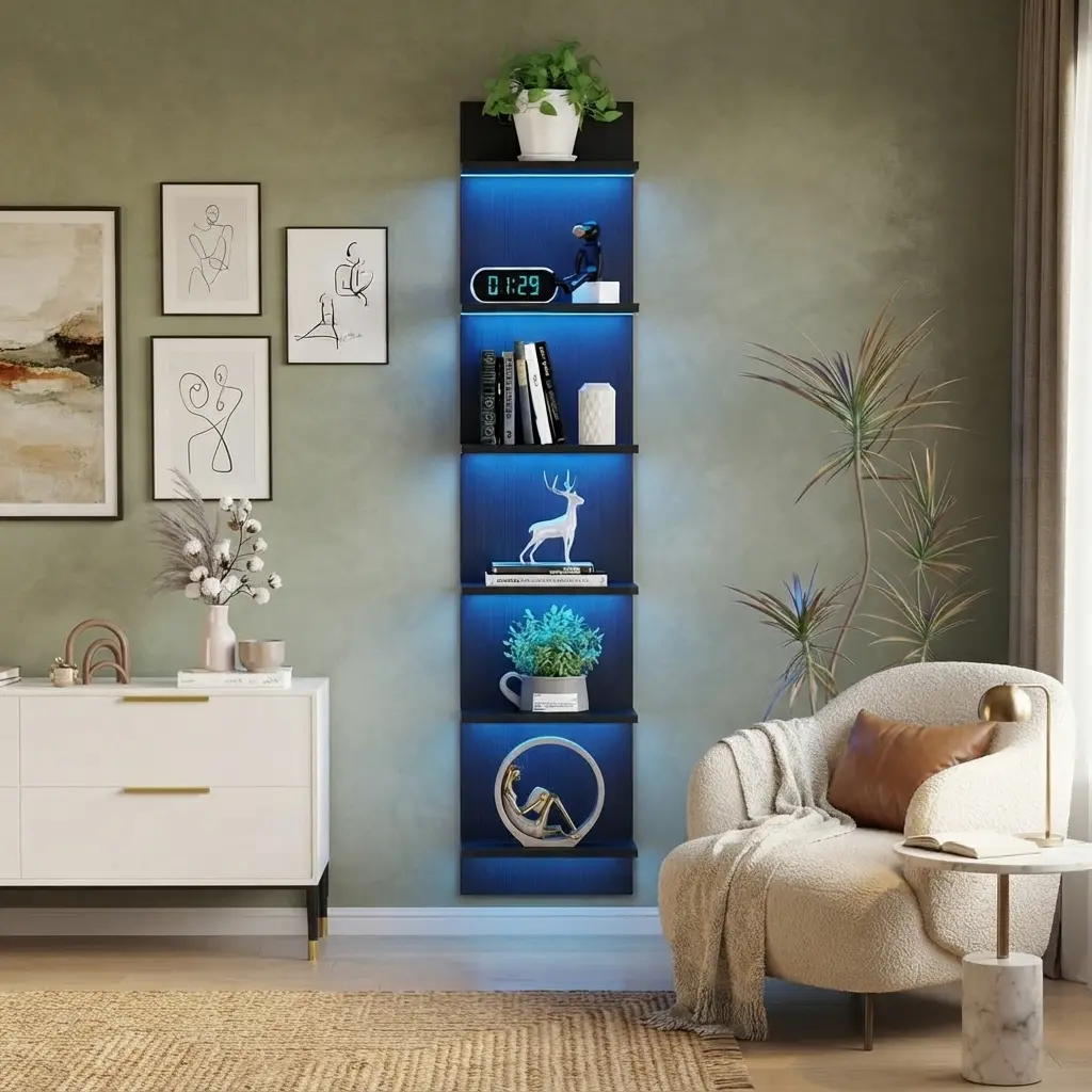 6-Tier Wall Shelf with LED Remote, 57" Floating Storage, Black| RGB 22 Modes 6 Brightness.Remote Control.6 Tiers For Storage And Display.Waterproof Particleboard.For Bedroom