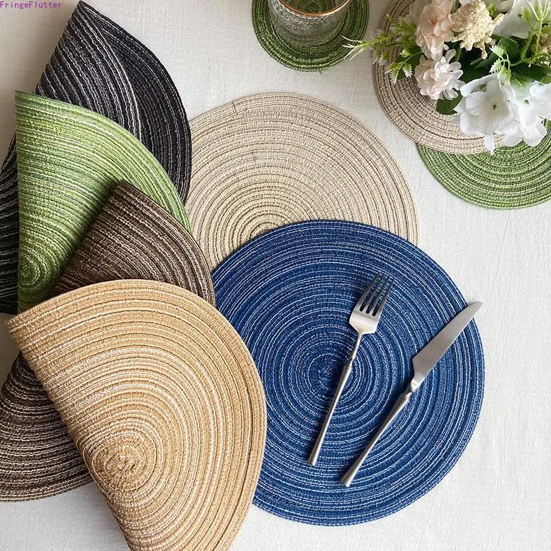 Round Ramie Weave Placemat & Coaster Set - Basic Rustic Western Farmhouse Casual Style, Cotton-Like Texture, Heat-Resistant No-Scald Pad for Coffee Tableware, Indoor Family Meals Home Kitchen Decor