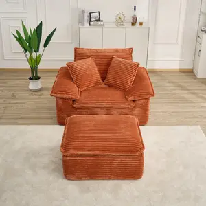 47" Oversized Sofa Chair and A Half with Deep Seat & Movable 2-Layer Ottoman Set, Cloud Sofa Bed with Chaise, 1-Seater Modular Sectional Sleeper Couch for Living Room, No Assembly Teddy-Fleece, ORANGE