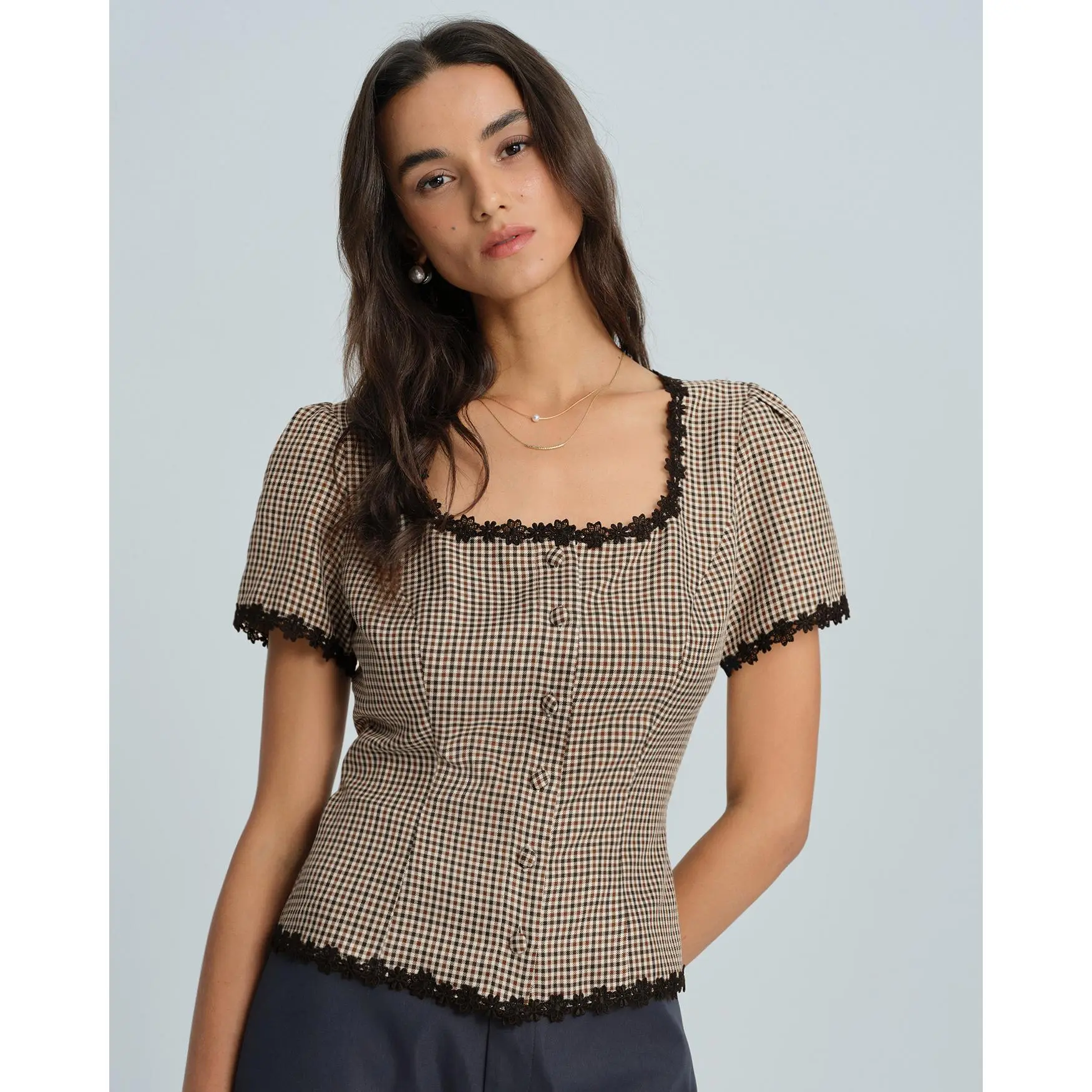Coffee Square Neck Plaid Blouse