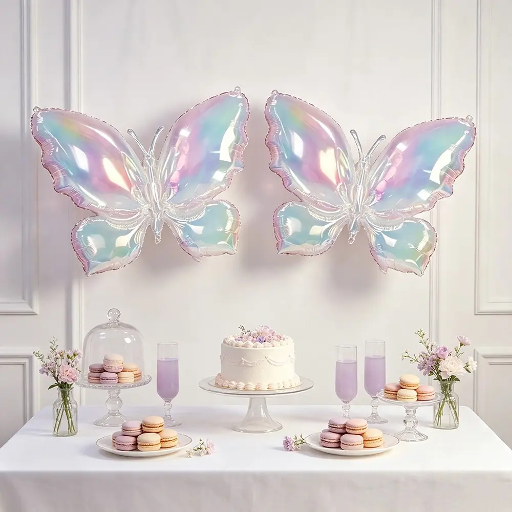 2-Pack Colorful Transparent Butterfly Aluminum Foil Balloons, Romantic Birthday Party Decor, Wedding Anniversary Atmosphere Props