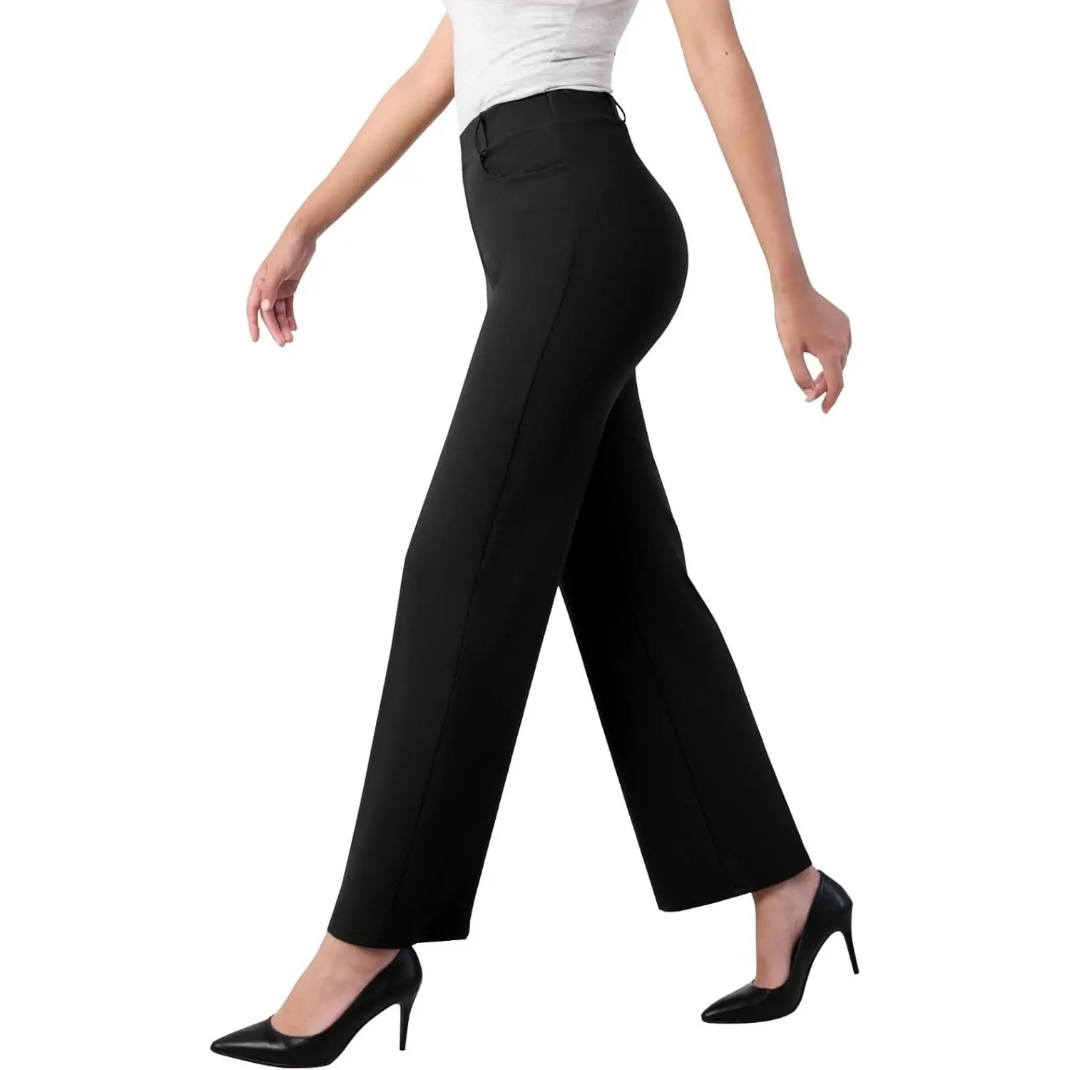 Women's Stretchy Straight Wide Leg Dress Pants - Basic, Breathable Work Slacks with Belt, Button, Elastic Waist & Pockets (Business Casual Use), Comfortable