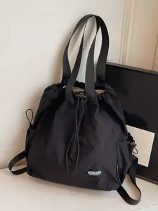 Casual and versatile fashionable solid color texture tote bag, Casual Crossbody Bag, side pocket design, drawstring decoration, simple and high-end retro large capacity shoulder bag, suitable for daily commuting and shopping