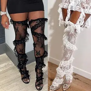 Women Aesthetic Sheer Loose Thigh High Stockings Flower Lace Twill Ruffle Trim Patchwork Over Knee Long Socks Streetwear