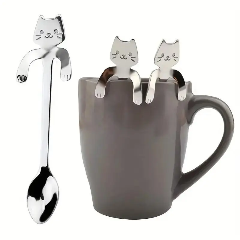 Cat-Shaped Stainless Steel Coffee Spoon, Durable Rust-Proof, Smooth Polished Surface, Ideal for Coffee, Ice Cream, Desserts, Cute Gift, Dessert Spoons
