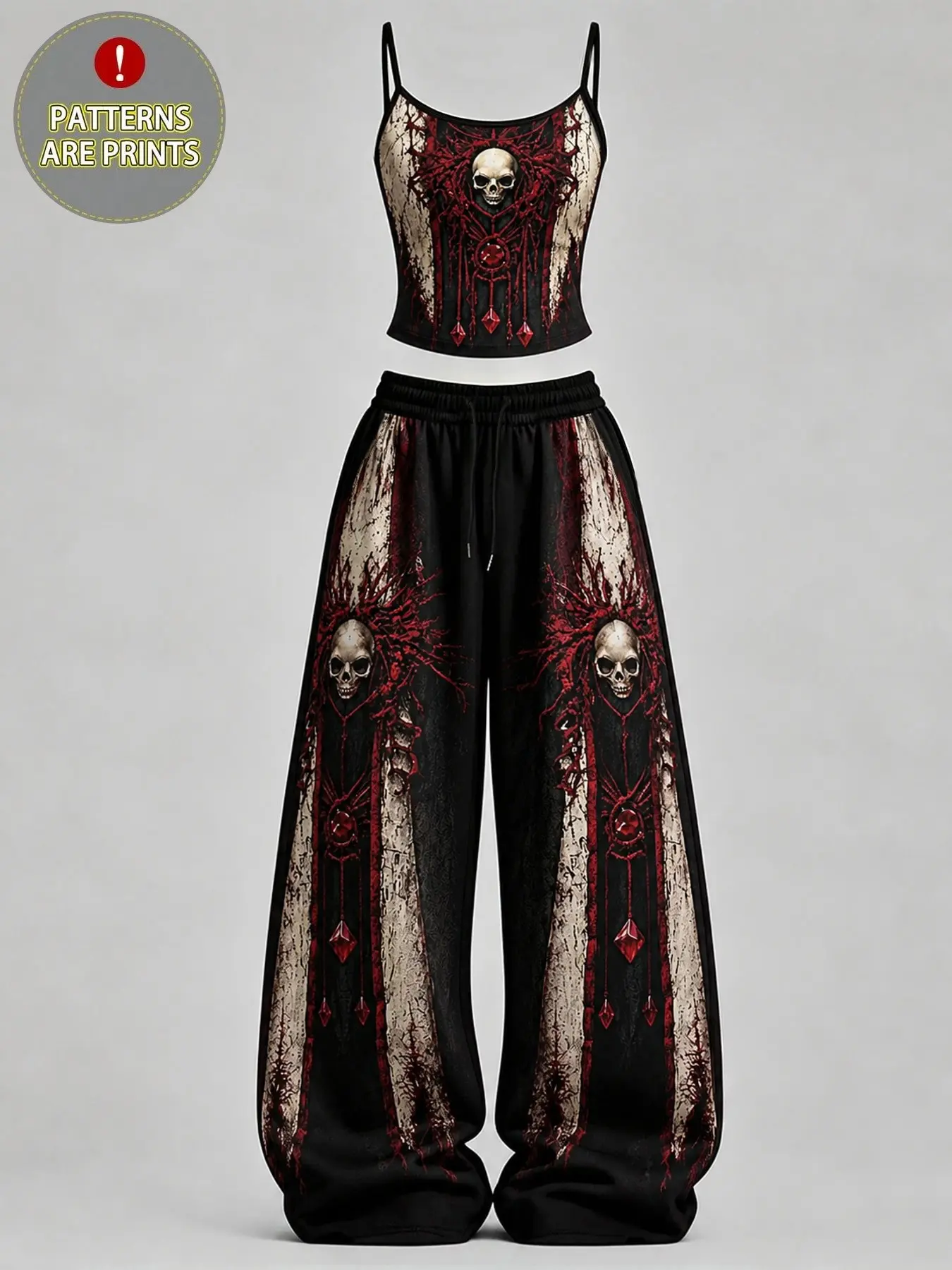 Halloween Women's Home Casual, Skull Print Slim-Fit Tank Top + Loose Pants Set, Gothic Dark Punk Style, Daily Streetwear, Comfortable