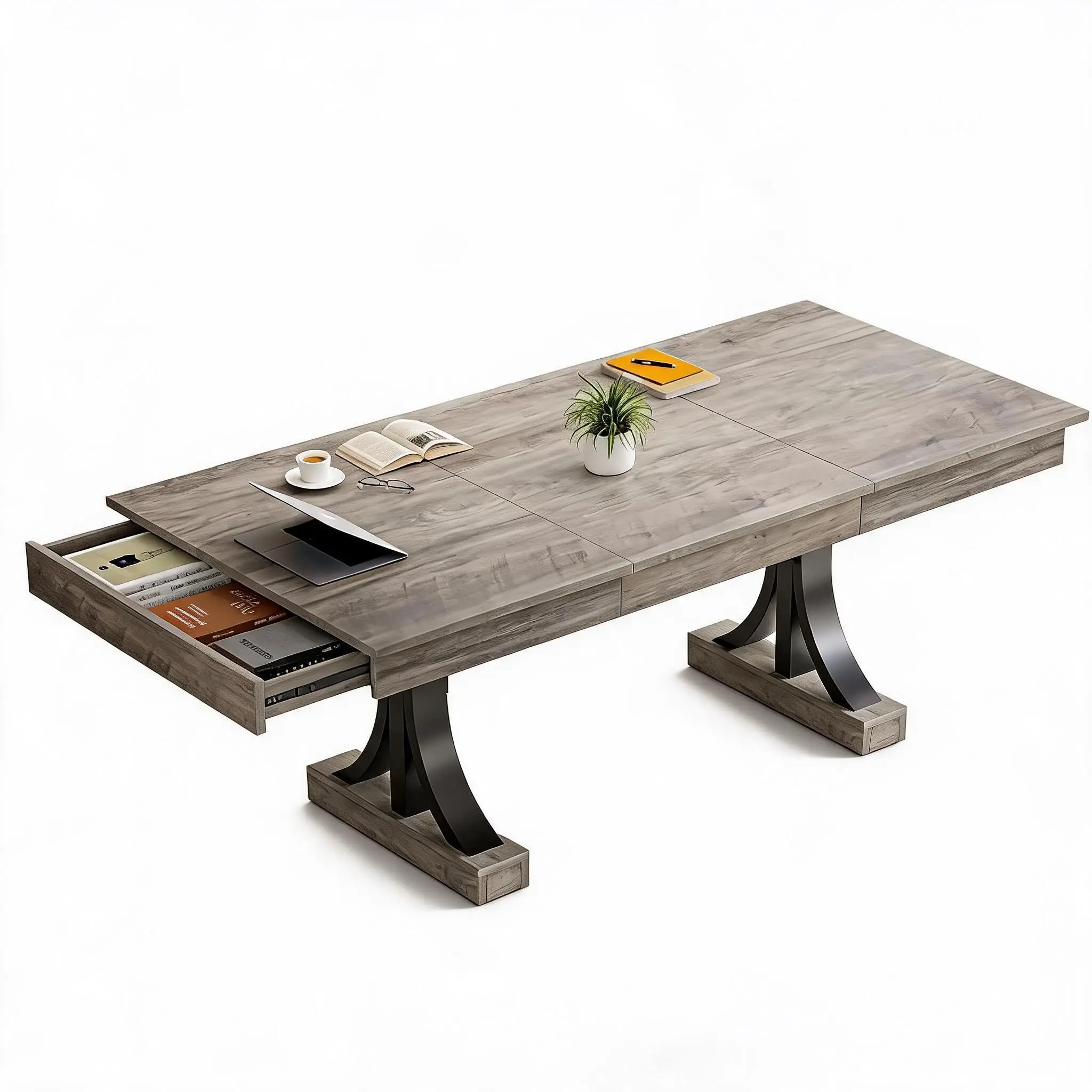 71-Inch Rectangular Wooden Dining Table - 6-8 Seater, 2 Drawers, Large Tabletop, Double Pedestal Frame, Ideal for Dining Room, Kitchen - Rustic Gray, Black, Natural Finishes