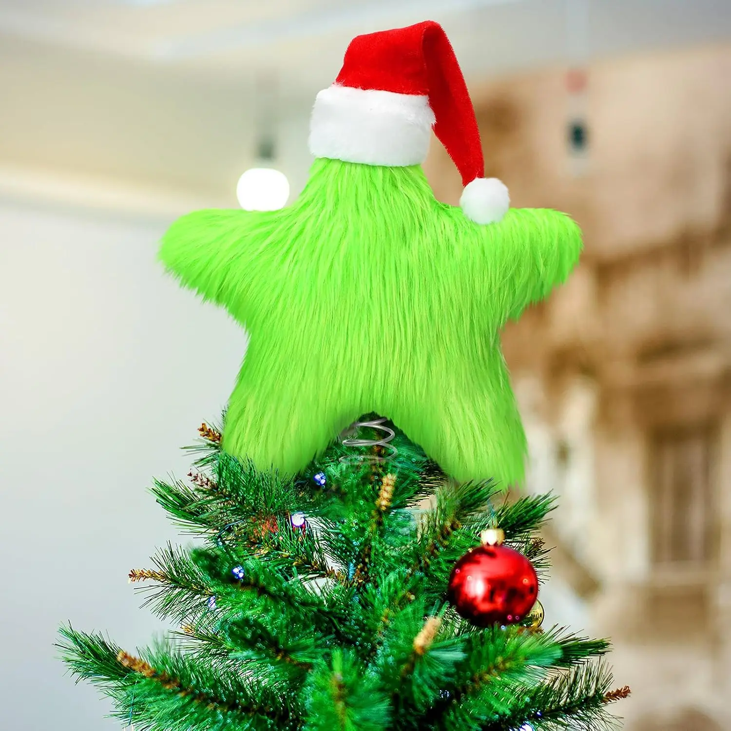 Plush Christmas  Tree Topper 9.84" Green Furry  Xmas Tree Topper with Mini Christmas Hat for Xmas  Decoration