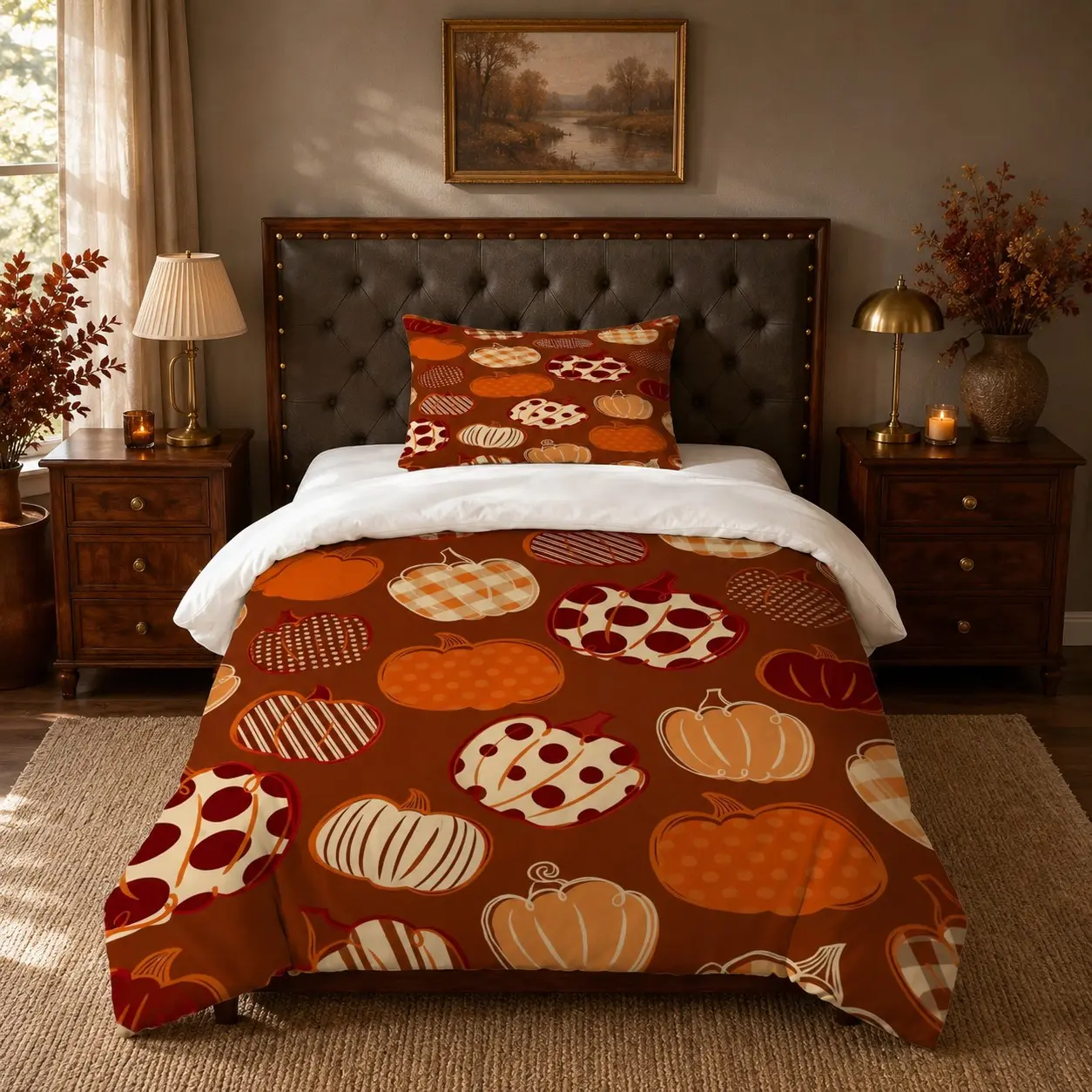 Mixed Pattern Autumn Pumpkin Printed Duvet Cover Set, 2/3 Pack (1 Duvet Cover + 1/2 Pillowcases, No Inserts), Soft Breathable Rustic Bedding, for Teens & Girls Bedrooms, Ideal Gift