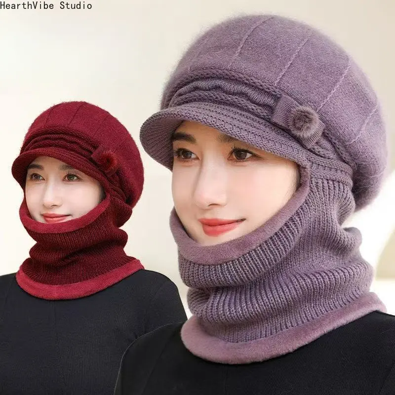 Women's Thick Thermal Windproof Fleece-Lined Knit Newsboy Hat with Neck Warmer - Unisex Wear Balaclava Beanie, Elegant Bowknot Pompom, Senior Gift for Outdoor Sports, Windproof Cap