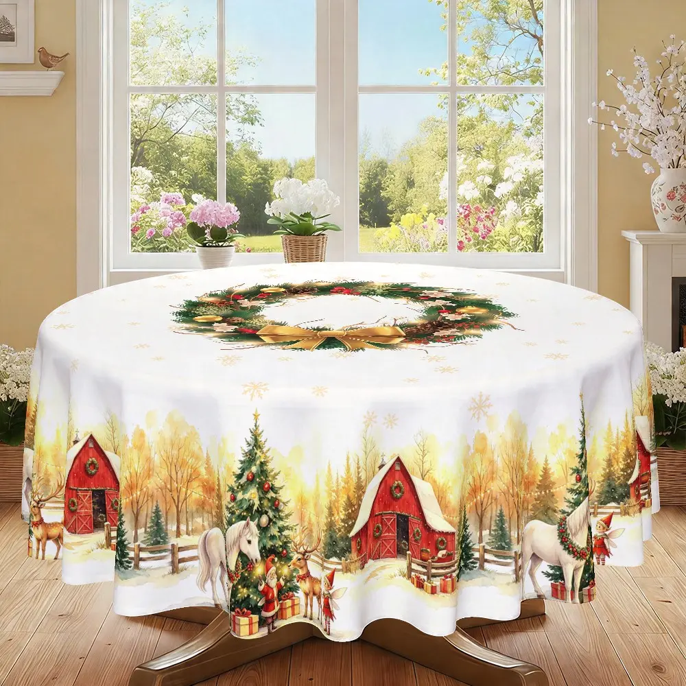 Merry Christmas Round Tablecloth, Elegant Farm Snow Scene Print, Kitchen Restaurant Decor, Party Decoration, Hotel Home Use