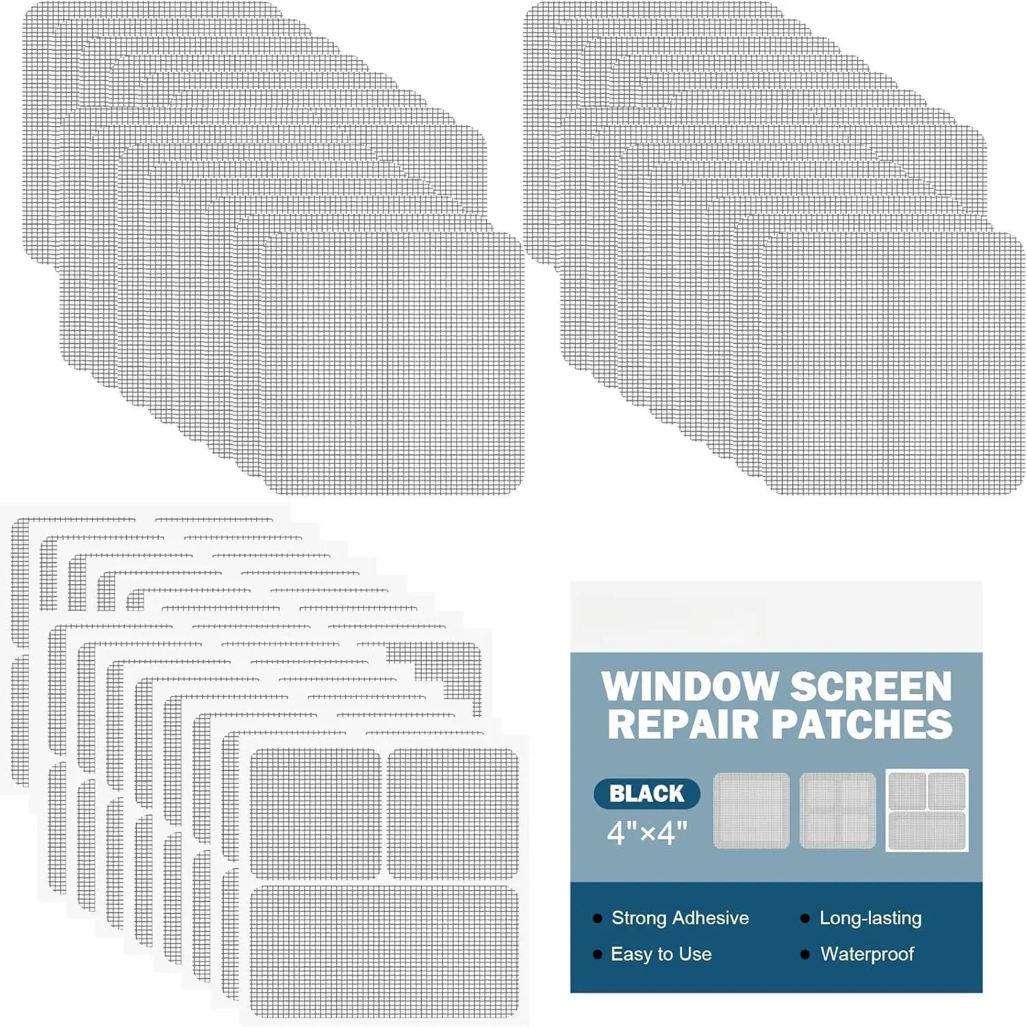 48 Sheets Window Screen Patches Repair Kit, 4 Sizes Window Screen Repair Tape,  Adhesive, Fiberglass Quick-Access (Black)
