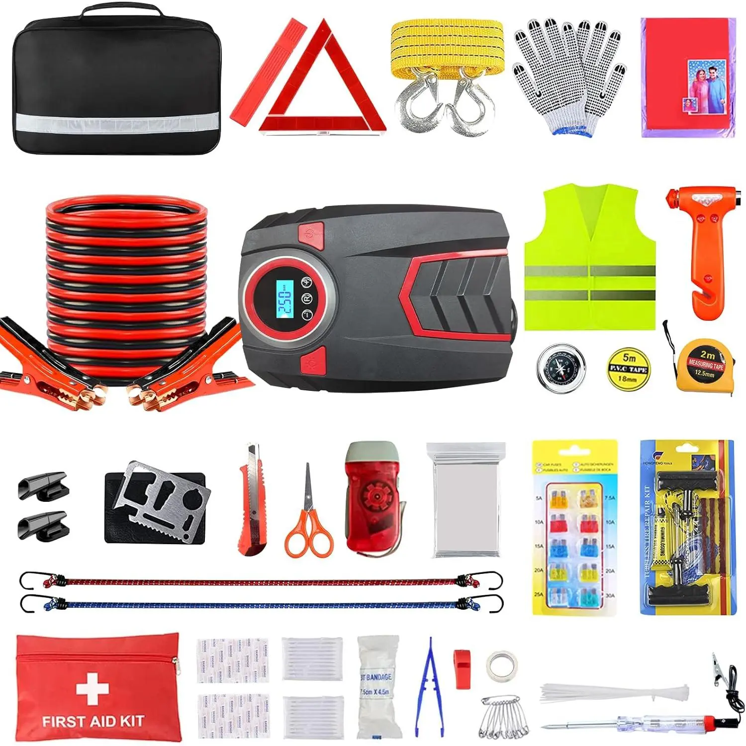 Car Emergency Kit, Car Emergency Kits for Vehicles with 6 Gauge 16 Ft Jumper Cables, Roadside Emergency Car Kit with Air Compressor, 88 Pieces Winter First Aid Kit Emergency Safety Tool