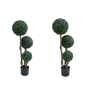 2-Pack 35-Inch Artificial Boxwood Triple Ball Topiary Trees, Dark Green – Lifelike PE Faux Greenery with Natural Wood Poles for Indoor Outdoor Decor