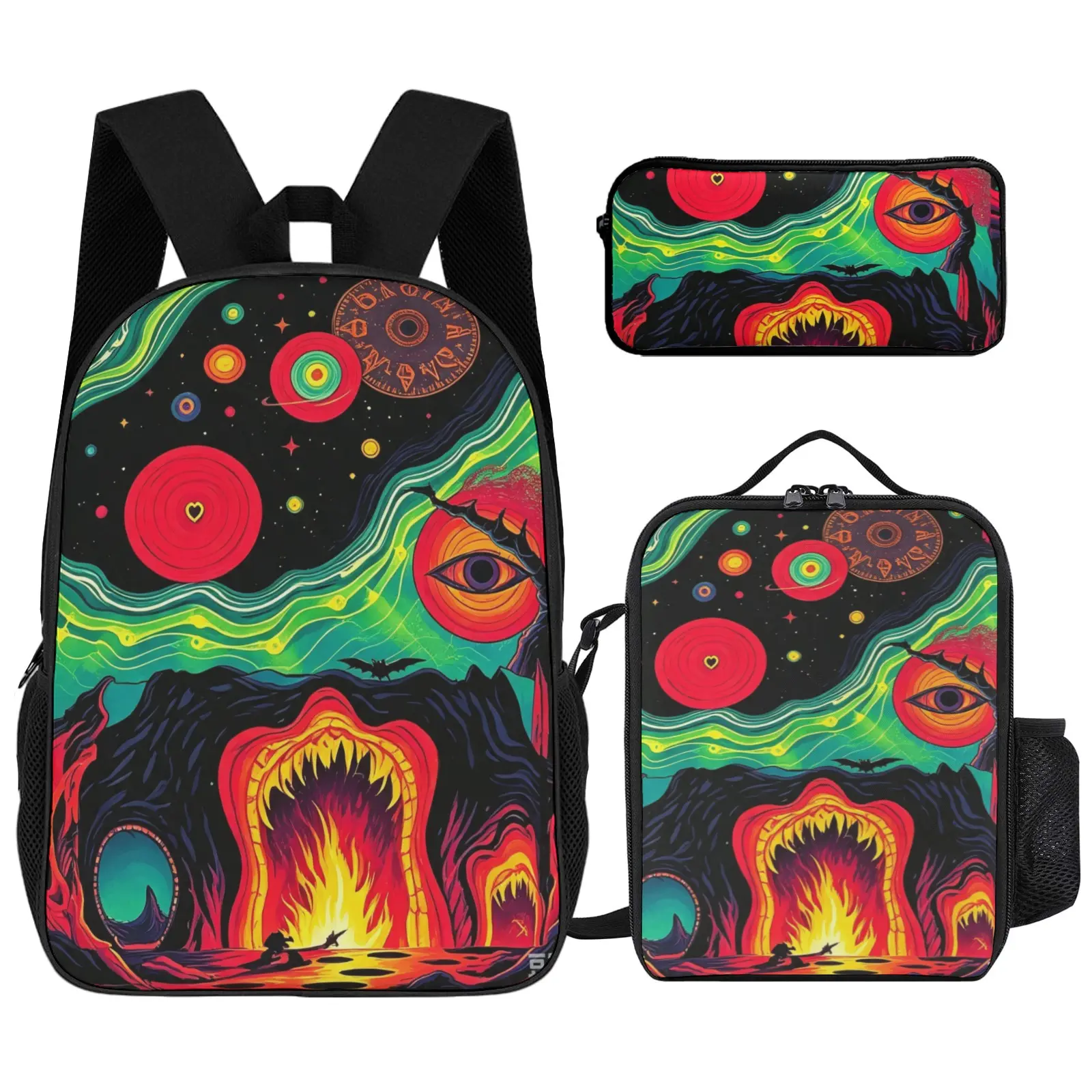 Full Print Art School Backpack, Vibrant Cosmic Psychedelic Design Waterproof Poly Large-Capacity Rucksack with Side Mesh Pockets, Lightweight Adjustable Padded Daypack, Insulated Lunch Set Pack, Festival Accessory, Teen Holiday & Birthday Gift, Backpacks