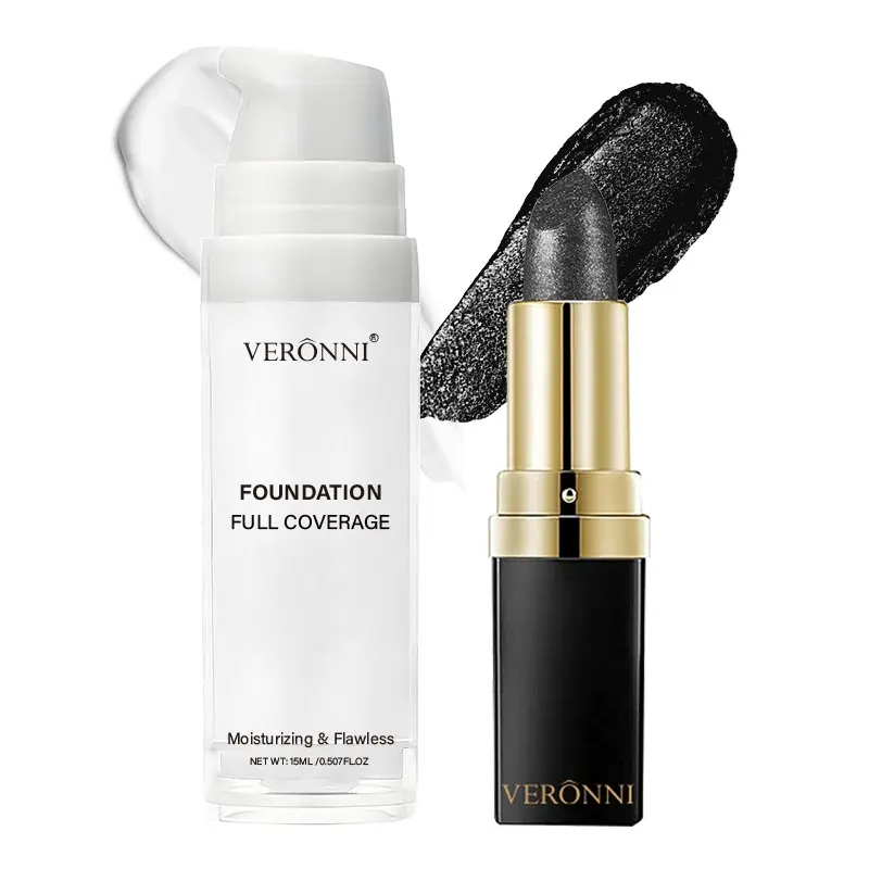Veronni 2 Piece Halloween Makeup Set, 15ML Foundation & Lipstick, Waterproof, High Coverage, Gothic Skull Cosplay Makeup