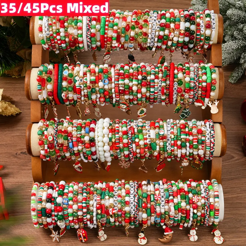 35/45Pcs Christmas Beaded Charm Bracelet Set for Women & - Santa & Snowman Charm Bracelets, Colorful Plastic Beads & Holiday Charms, Festive Xmas Party, / Jewelry or Christmas Celebrations