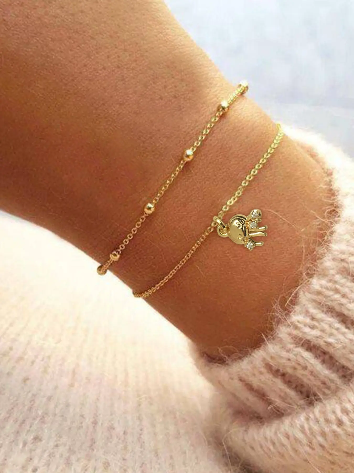 Women's Bohemian Summer Beach Vacation Style Multi-Layer Bracelet Set, Round Bead Satellite Chain, Zirconia Jellyfish Pendant