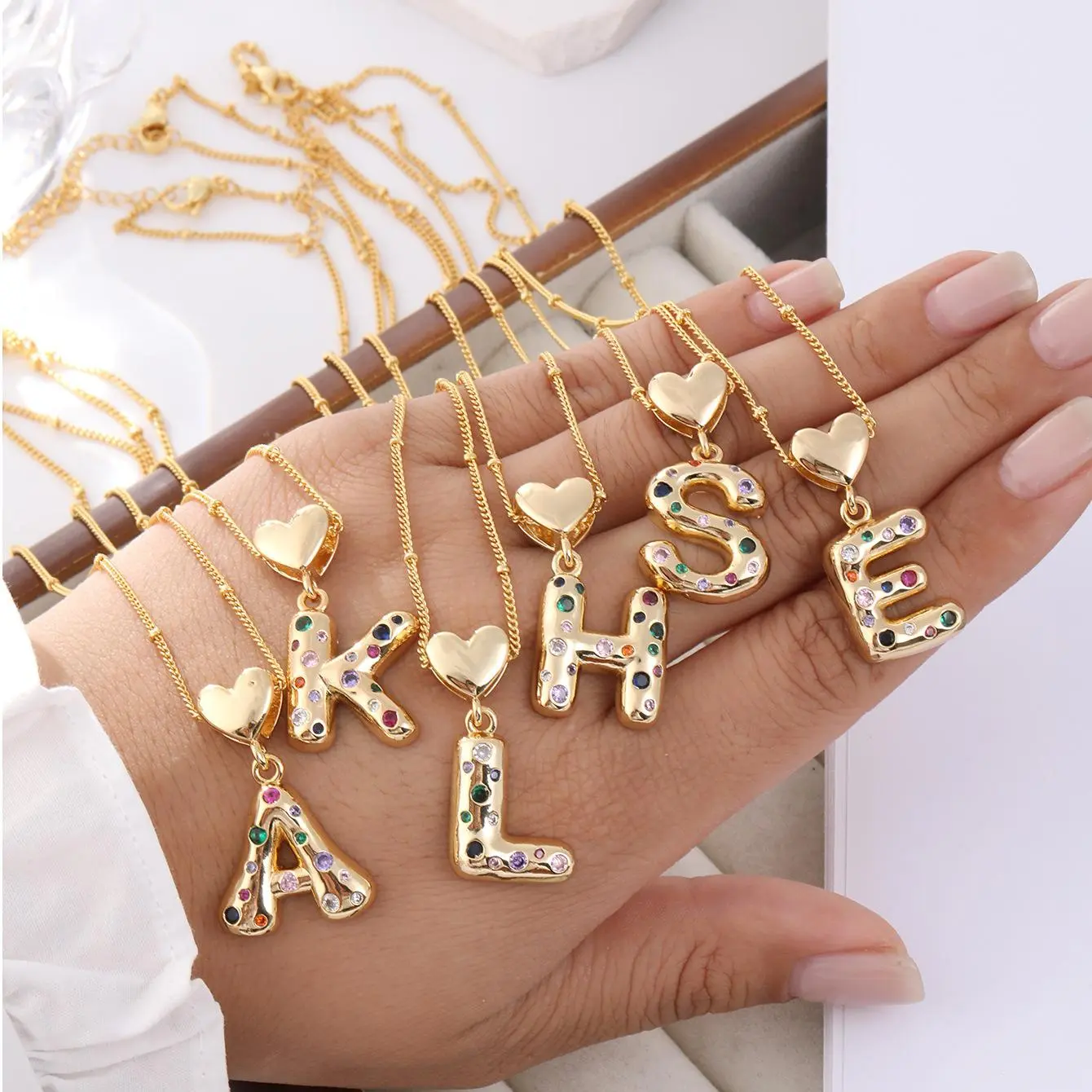 14K Gold Plated Bubble Initial Necklace for Women, Cute Colorful CZ Heart A-Z Letter Pendant Necklace Personalized Shiny Cubic Zirconia Chain Jewelry, Holiday Gift