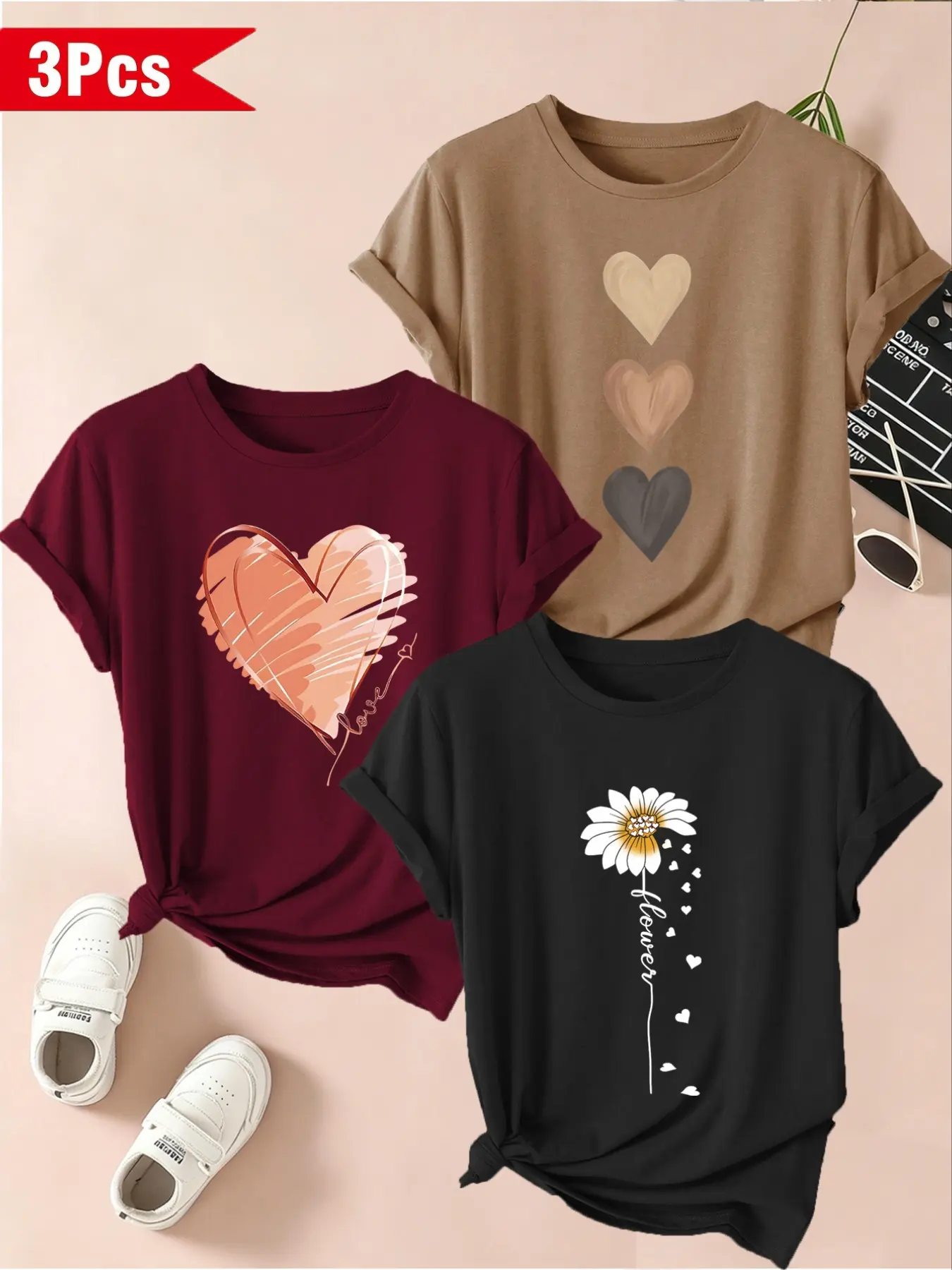 Women's 3-Pack Casual Round Neck Short Sleeve T-Shirts, Elegant Heart, Floral and Flower Print, Soft Comfortable Fabric, All Seasons Wear
