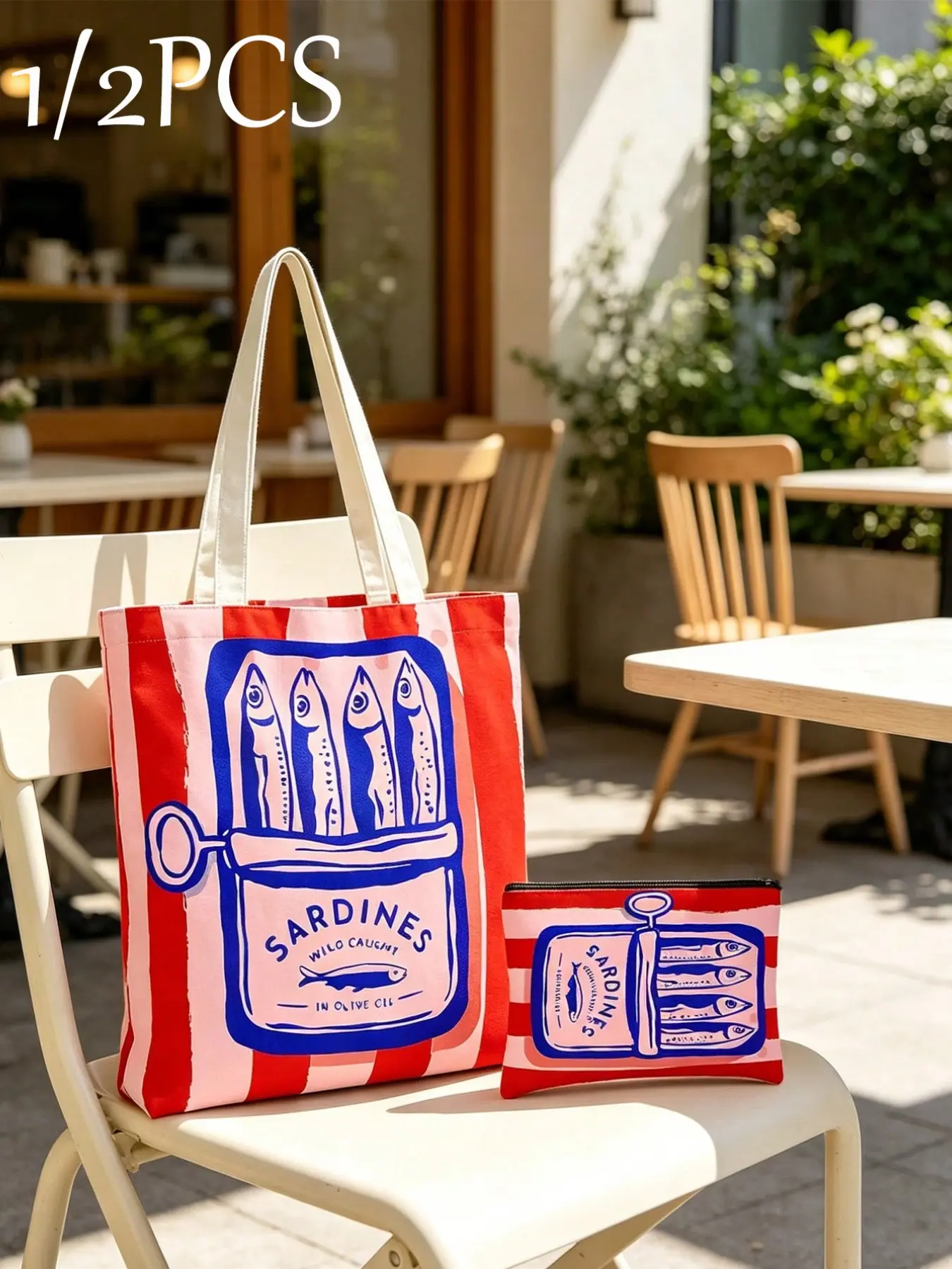 Women's Sardine Print Canvas Tote Bag, Lightweight Large Capacity Reusable Shoulder Bag, Ideal for Beach, Picnic, Shopping, Food Storage
