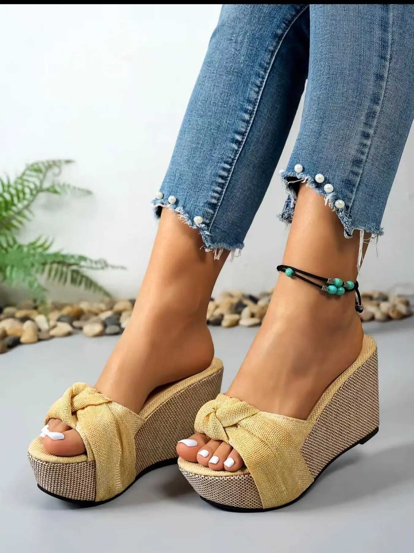 Women's Fashion Bow Design Slippers, Summer Comfortable Platform, Casual Daily Wear, Round Toe Sandals, Elegant Plain Style