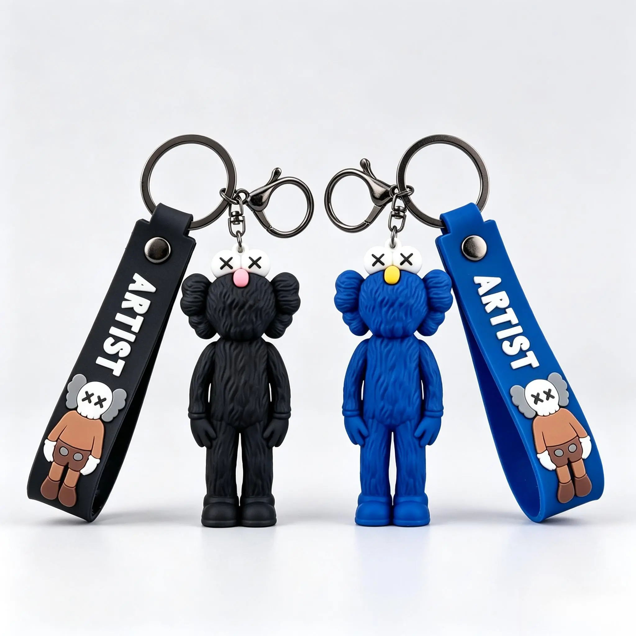 Trendy Hypebeast Cartoon Figure Keychain with Wrist Strap, Aesthetic Backpack Charm, Car Keyring Gift for Home Decor Doll Ornaments