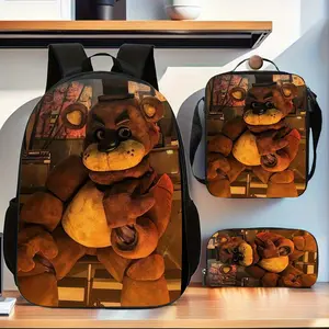 Durable Water Resistant 3-Piece Kids Backpack Set with Lunch Box & Pencil Case, Lightweight School Bag with Creepy Bear Animatronic Print, Breathable Straps