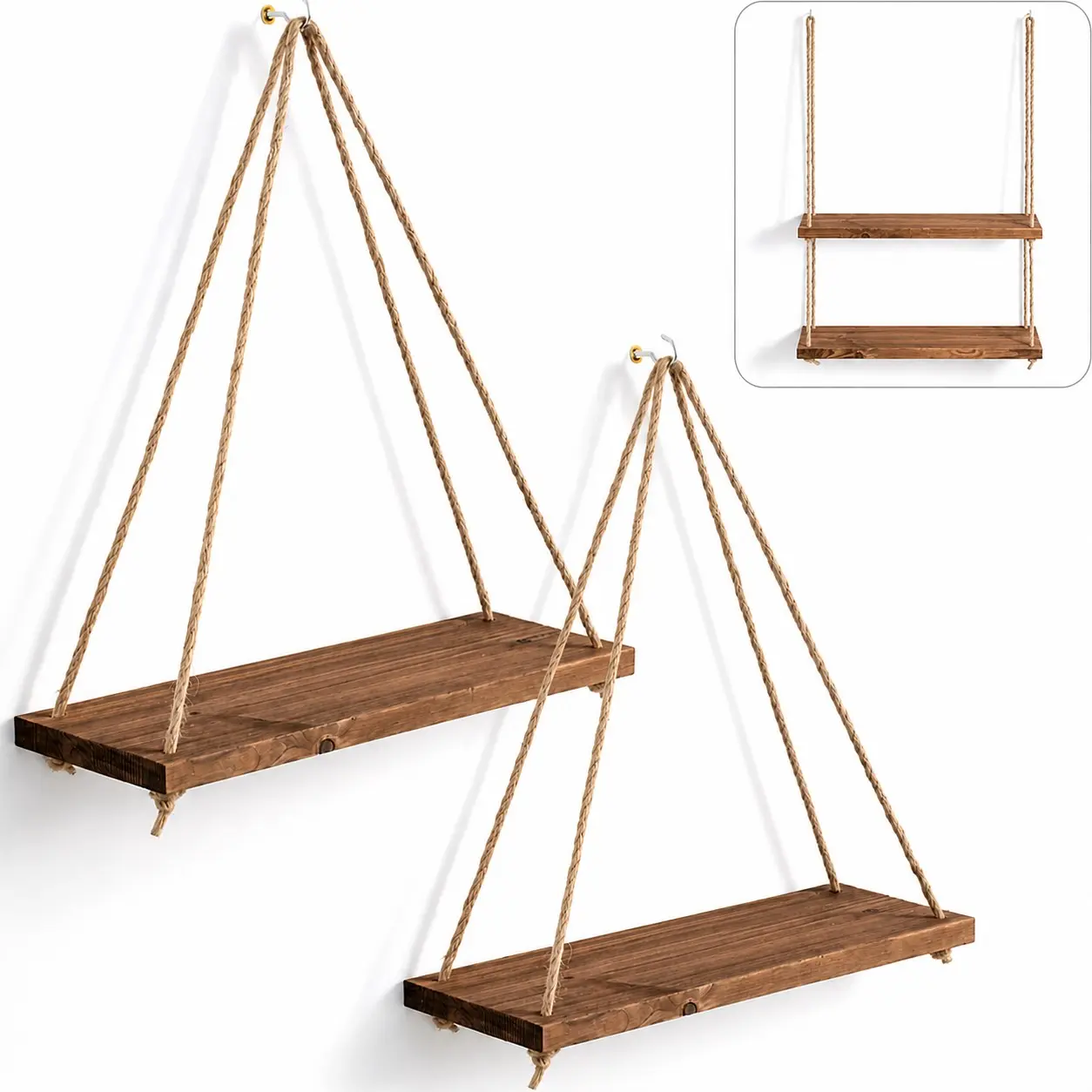 Wooden Swing Hanging Hemp Rope Wall Shelf, Wall Mounted Hanger, 1 Count Wall Mounted Floating Corner Shelf, Plant Flower Pot Tray Storage Garden Decoration, Shelf Rack, Wall Shelf Unit, Shelfs For Wall