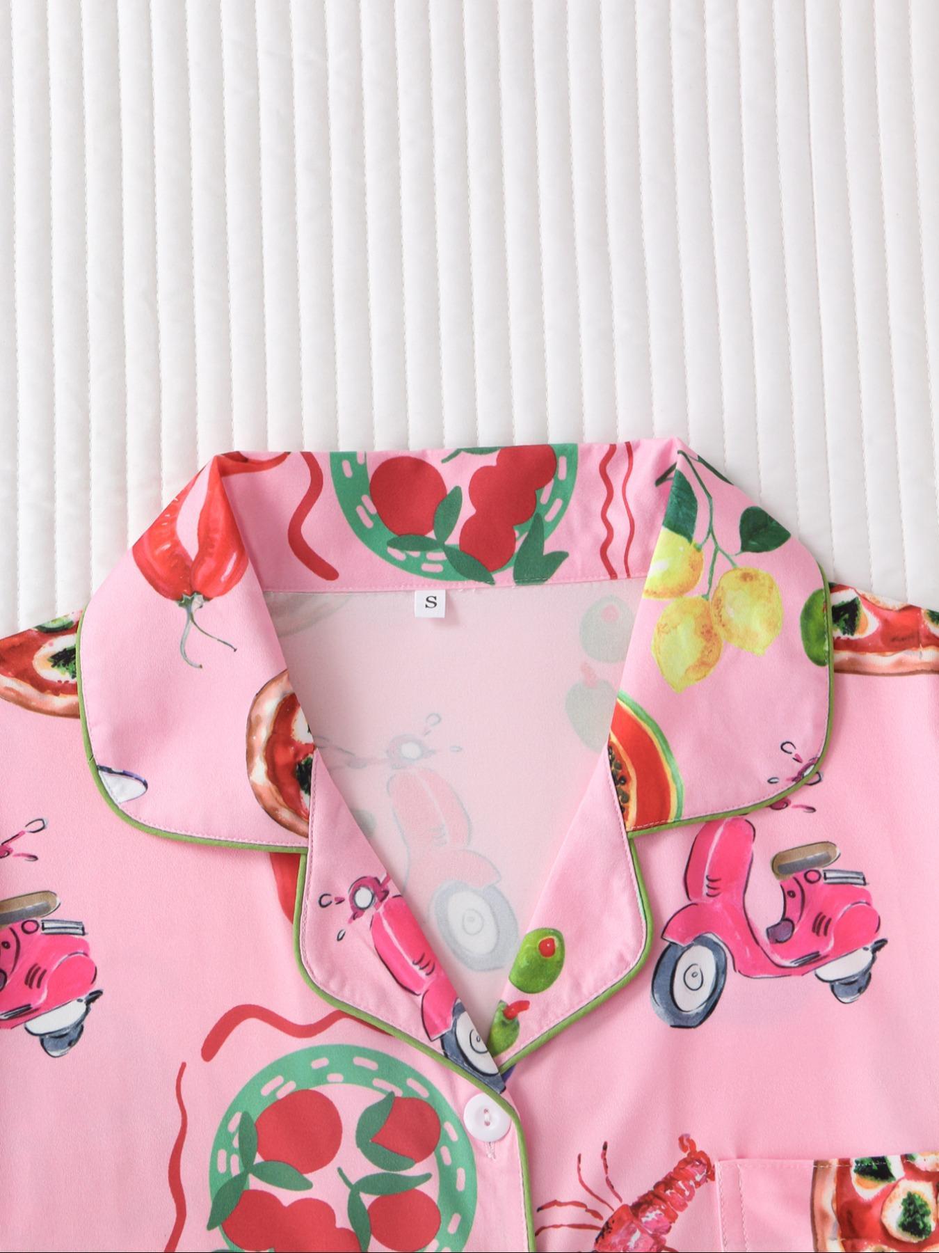 Women's Fruit Print Shirt & Elastic Waist Shorts Pyjama Two-piece Set, Casual Comfy Short Sleeve Top & Shorts PJ Set, Matching PJ Set, Ladies Sleepwear for All Seasons