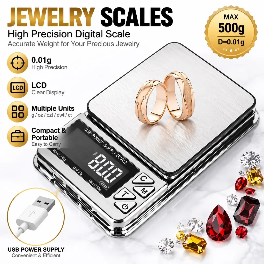 Rechargeable Mini Digital Pocket Scale, 0.01g High Accuracy Weighing Scale with Tare Function, Portable Stainless Steel Jewelry Scale for Household & Jewellery Work