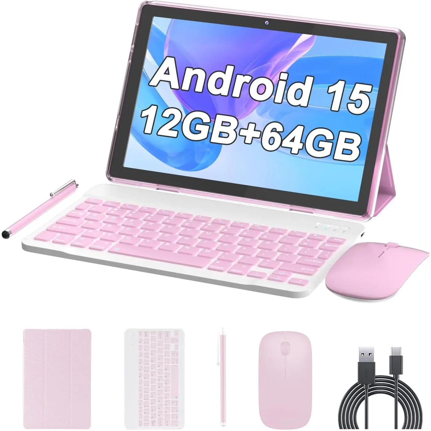 10 Inch Tablet Android 15 Tablets 2 in 1 Tablet with Keyboard 12GB RAM+64GB ROM(Supports 1TB Expansion) Tableta 2MP+8MP Camera 6000mAh Battery Mouse/Case/Stylus 5G WiFi-6 10.1" Android Tablets