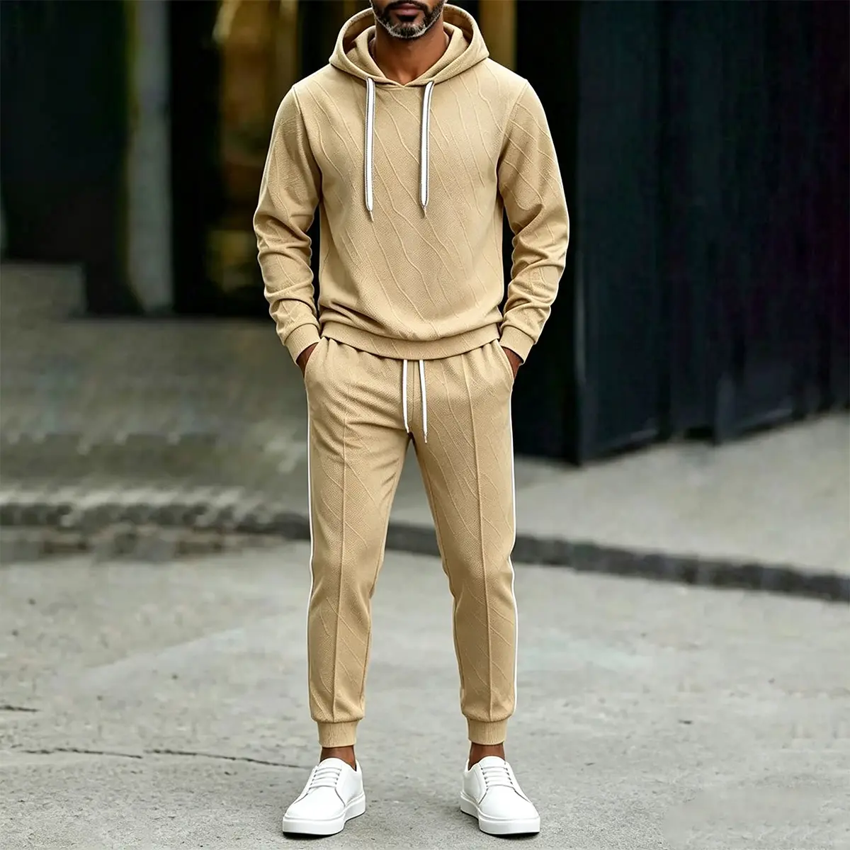 Men Wave Textured Drawstring Hooded 2 Piece Tracksuit Set, Long Sleeve Pullover Hoodie & Side Strip Cuffed Jogger Pants, Solid Khaki Casual Fashion Daily Street Sport Outfit