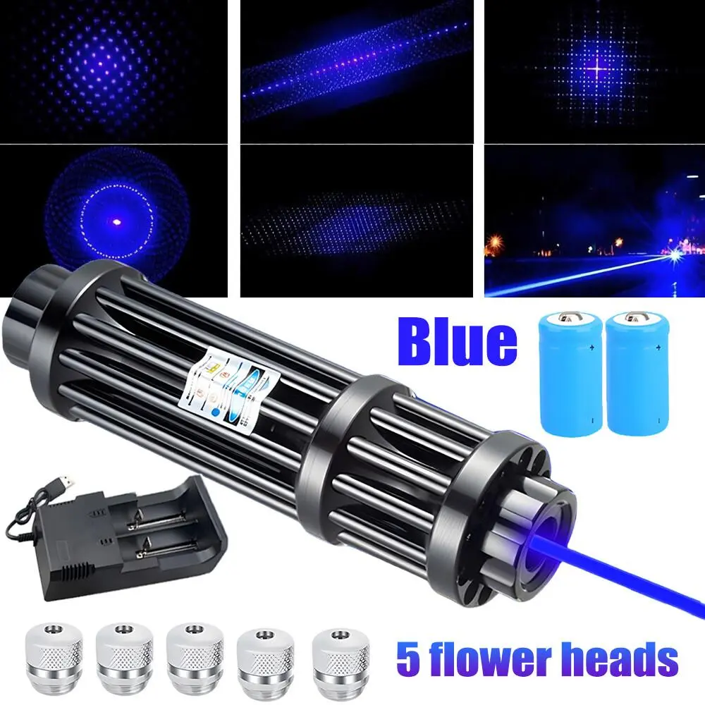 Rechargeable Blue Laser Pointer Pen with 5 Pattern Heads, Metal Handheld Light for Teaching & Presentations
