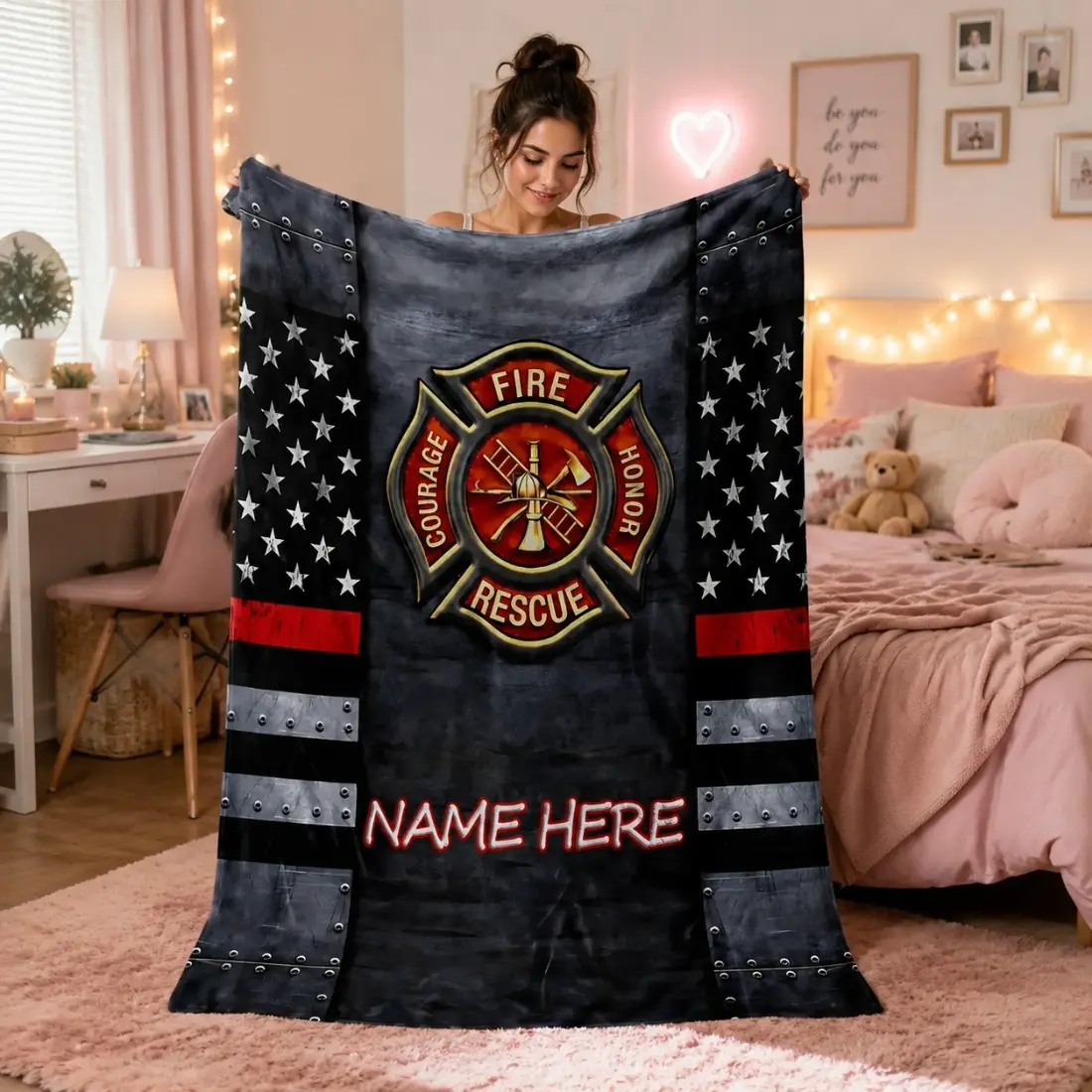 Custom Name Firefighter Tribute Flannel Throw Blanket - American Flag Fire-Rescue Symbol, Soft Comfy, for Sofa Bed, Perfect Birthday Gift for Firemen