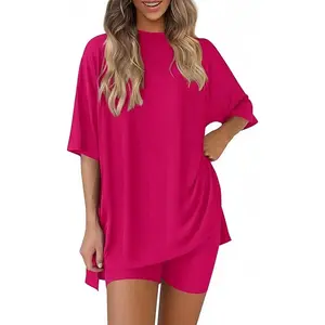 Soft Oversized Two-Piece Lounge Set – Crew Neck Tee & Comfy Shorts, Effortless Home Wear for Summer Days