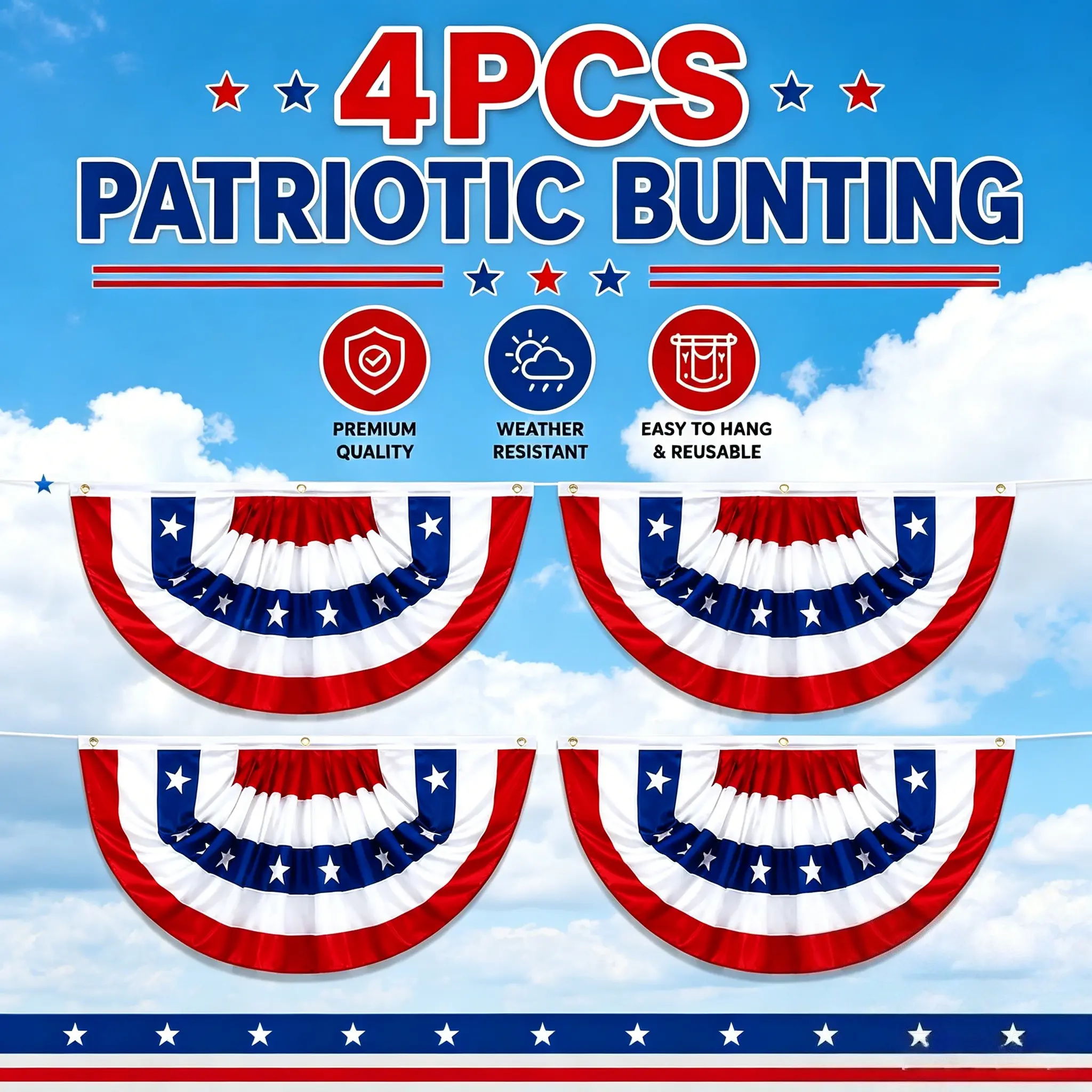 4-Pack Pleated Bunting Banner Set - 1.5x3 FT Weather-Resistant Reusable Plain Polyester Patriotic US Flags, Premium Outdoor Banners with Easy Hang Setup & Fence Line Coverage, for Independence Day Decor