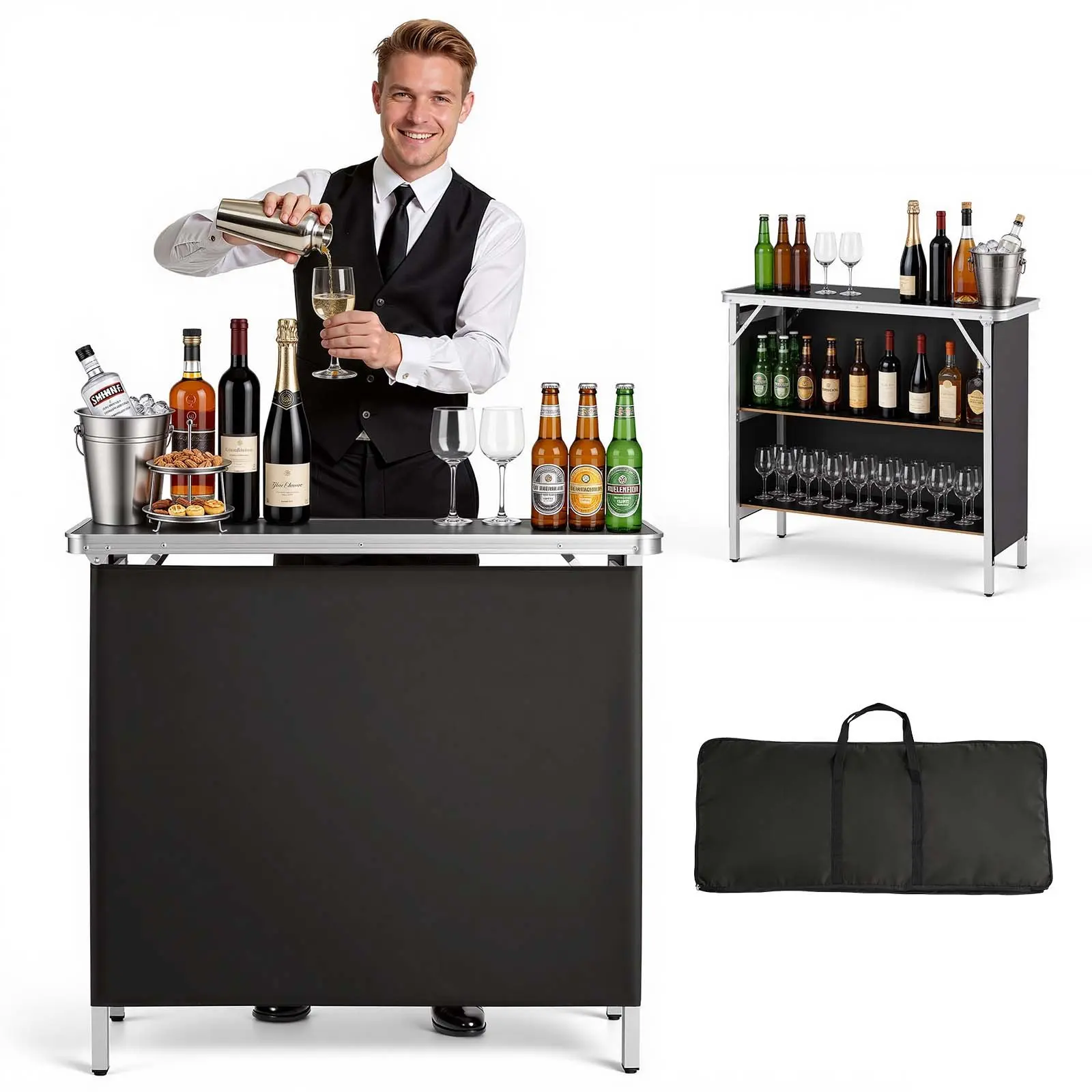VEVOR Foldable Portable Bar Table (38.6x15.2x34.3 in) with Carry Bag, Storage Shelf, Detachable Skirt, Quick Portable Setup, Mobile Bartending Station for Events, Tradeshows