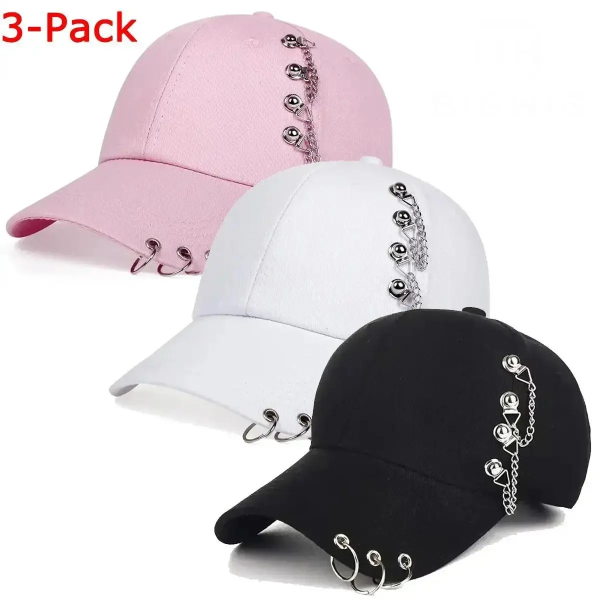 Punk Rock Streetwear Baseball Cap, Unisex Breathable Cotton Hat with Cascading Stainless Steel Chain, Pierced Rings, Metal Stud Detail & Metal Ring Brim, UV Protection, Adjustable 22.05-23.62in for Outdoor Travel, Mens Hats