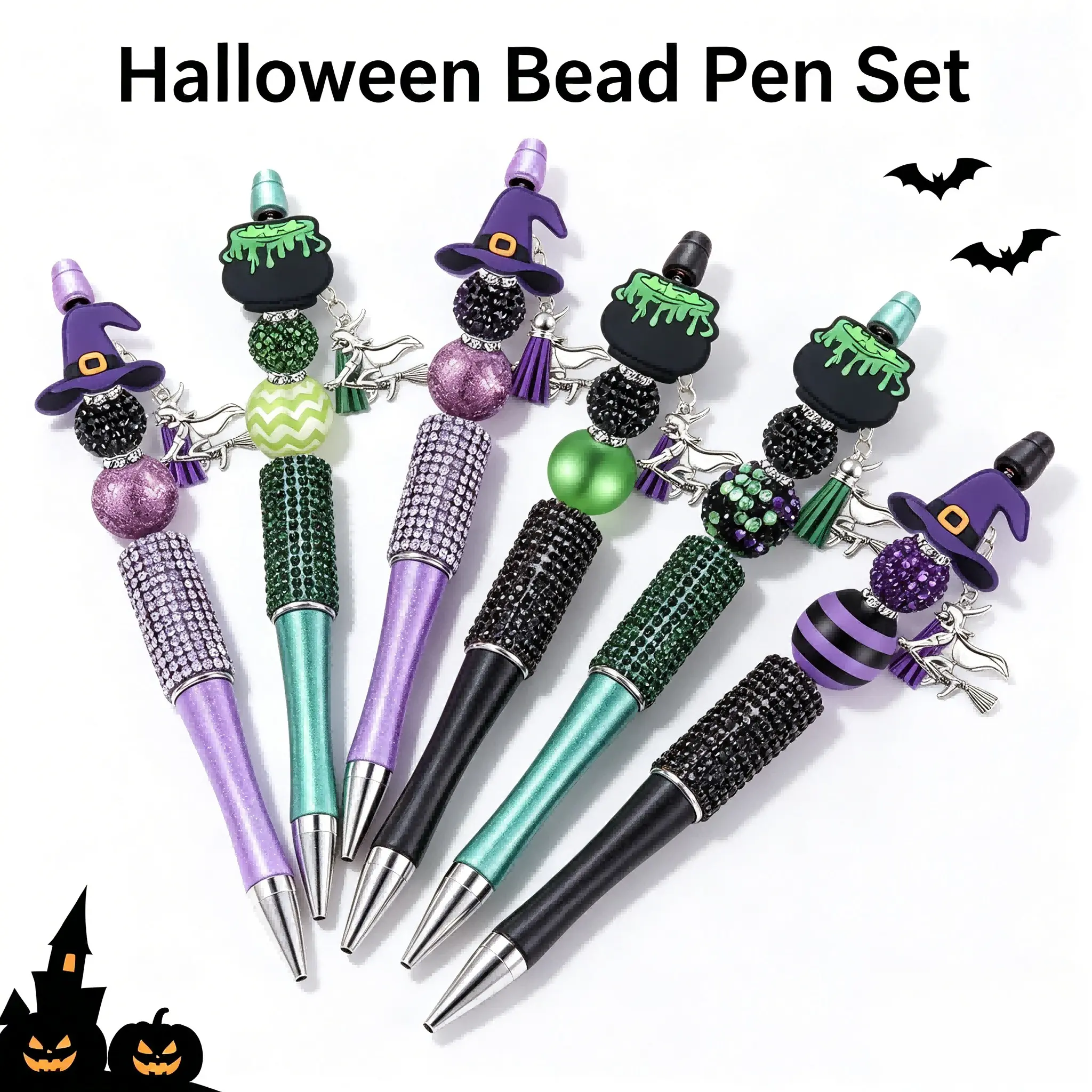 6pcs DIY Bead Pen Set, Halloween Witch Poison Gift Box, Includes 6 Ink Pens, Wood Beads, Charms, Storage Box, Perfect for Crafts and Gifts