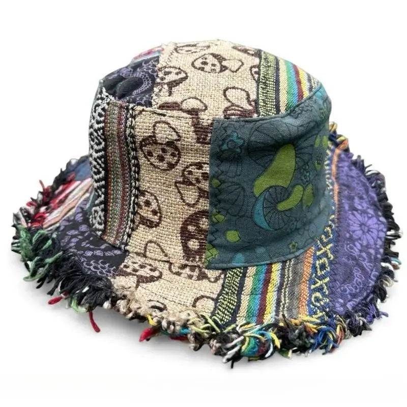 Women's Multicolored Mushroom Patchwork Hemp Fedora Hat with Hidden Pocket, Stylish Sports & Outdoor Accessory, Stylish Accessories, Cool Hat, Party, Gifts For Women, Hats For Women