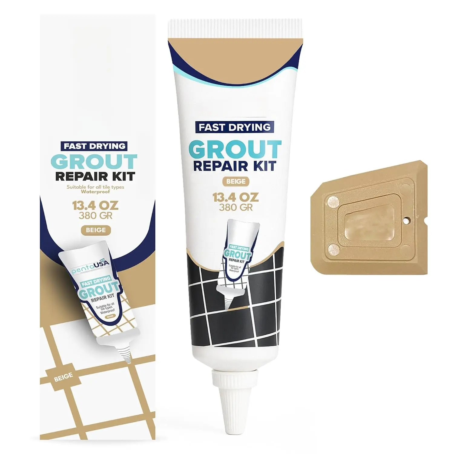 Tile Grout Repair Kit - Warm Beige Premixed  Sanded Grout, Water-Resistant Grout Filler for Bathroom&Shower, Kitchen Floor,  Drying, with Applicator, 13.4 oz (380g)