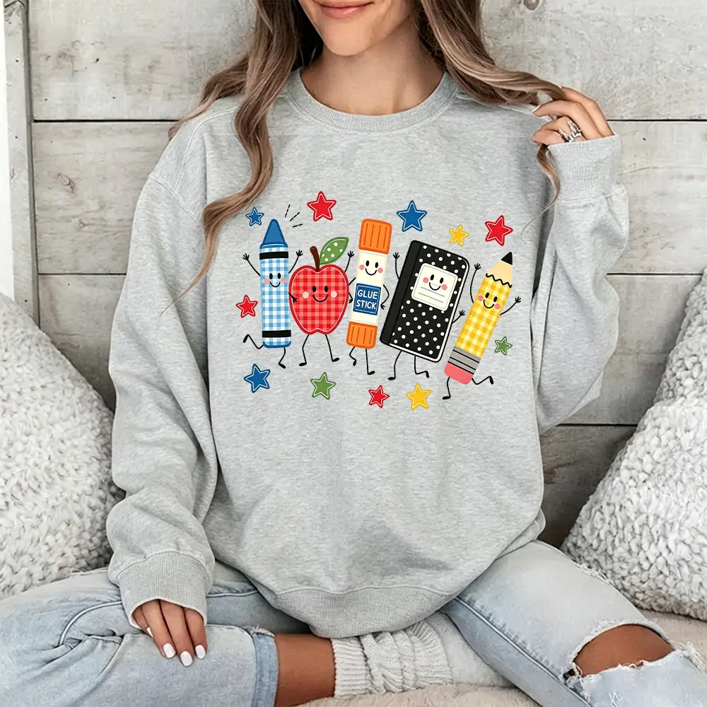 Back-to-school sweatshirt with Apple Pen notebook pattern, round-neck hoodie with school teacher design, graffiti school teacher round-neck hoodie, cute teacher gift, teacher style