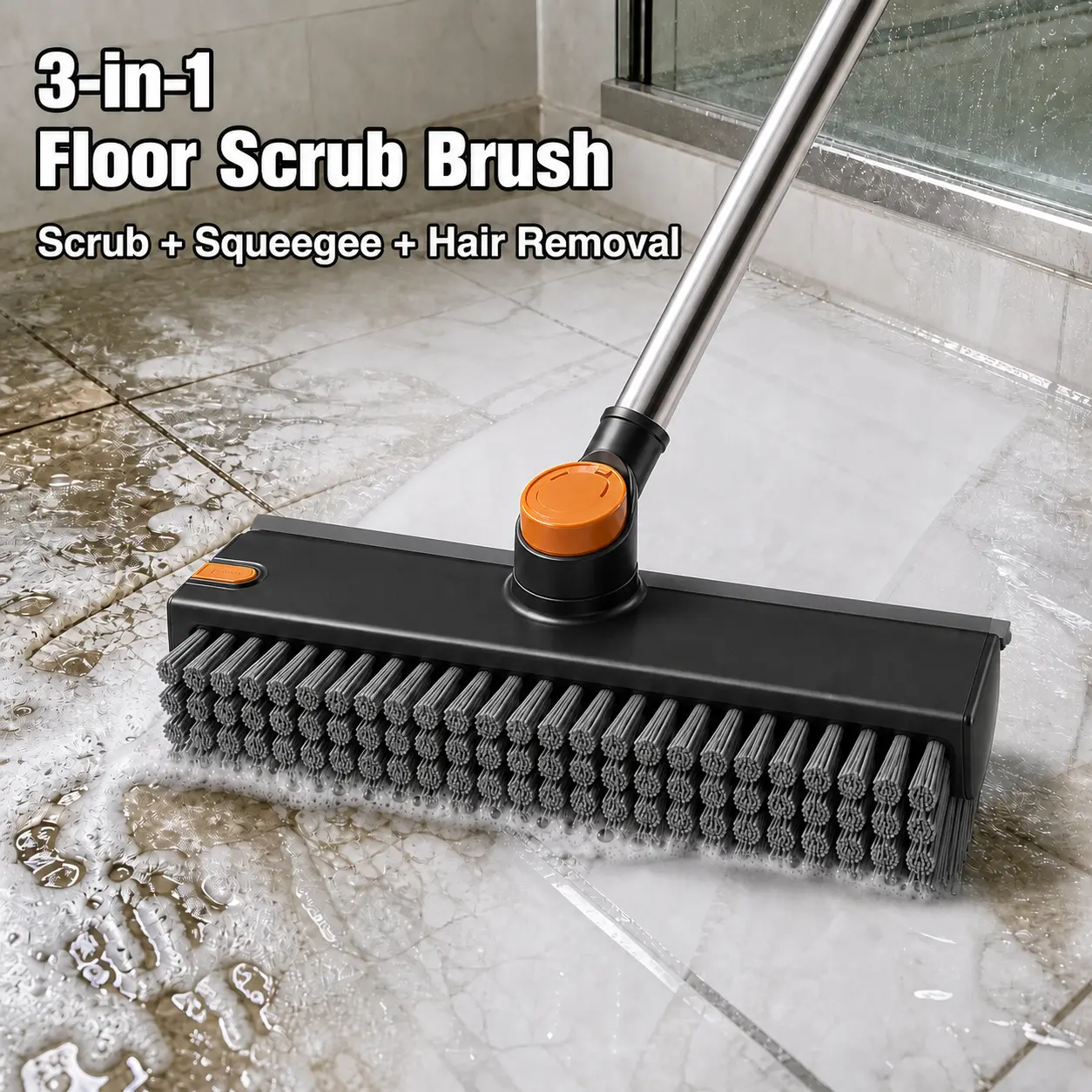 3-in-1 Floor Scrub Brush with Squeegee - Rotatable 360° Stiff Bristles, Adjustable Steel Pole Long Handle, Single Unit for Home Users’ Indoor/Outdoor Shower Tile, Grout Cleaning, Adjustable Cleaning Brush Squeegees