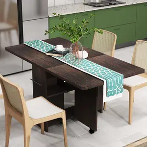 Space-Saving Folding Drop Leaf Dining Table, Expandable with 2-Tier Storage Shelf & Lockable Wheels, Compact Wooden Table for Small Kitchens Apartments, Seats 4