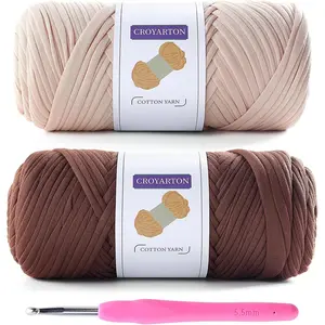 2 Pack Elastic T Shirt Yarn for Crocheting with 1 Crochet Hook, 130 Yds Total Thick Spaghetti Knitting Yarn for Crochet Bags Baskets Home Decor, Beige Coffee Color