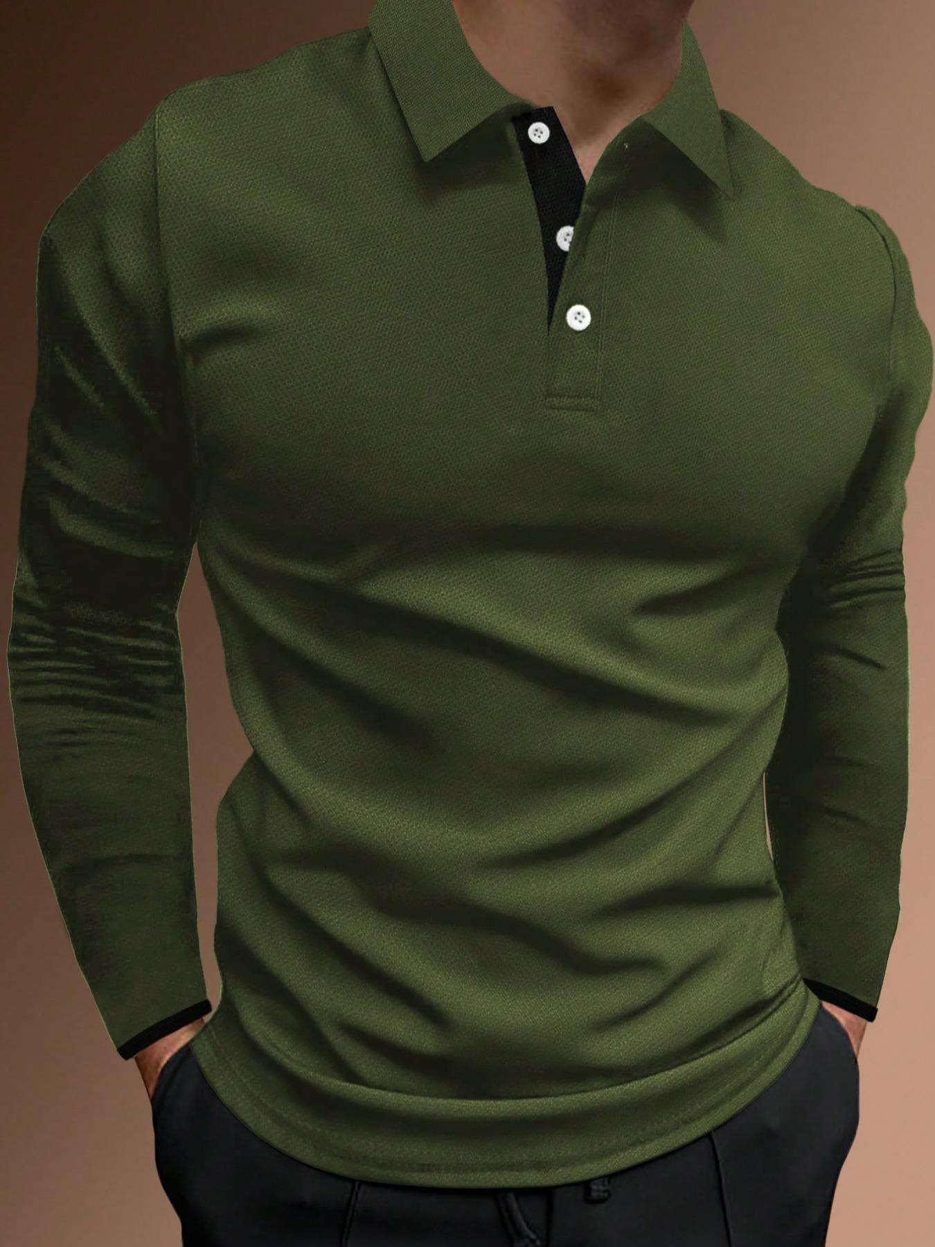 Men's Regular Fit Contrast Binding Button Front Polo Shirt, Men's Clothing Outfits, Casual Long Sleeve Half Placket Collared Top for Summer, Streetwear, Menswear for Daily Wear, Polo Tees